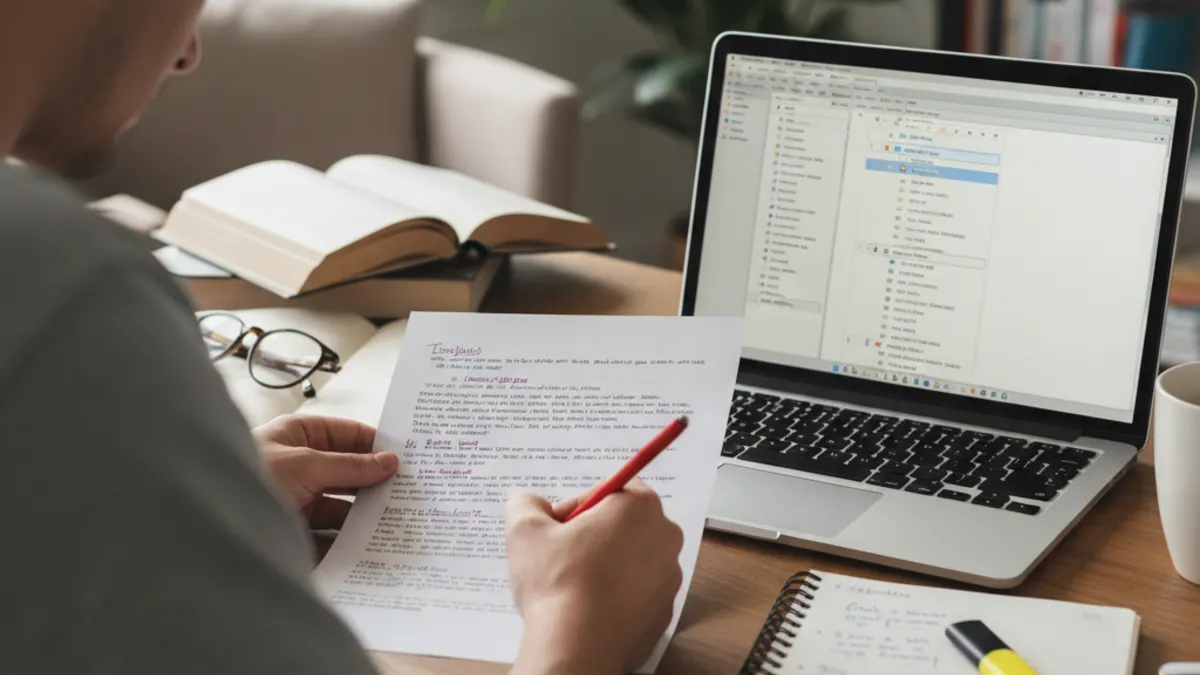 Over-the-shoulder view of a student marking edits on paper while checking a laptop during a structured rewrite checklist pass.