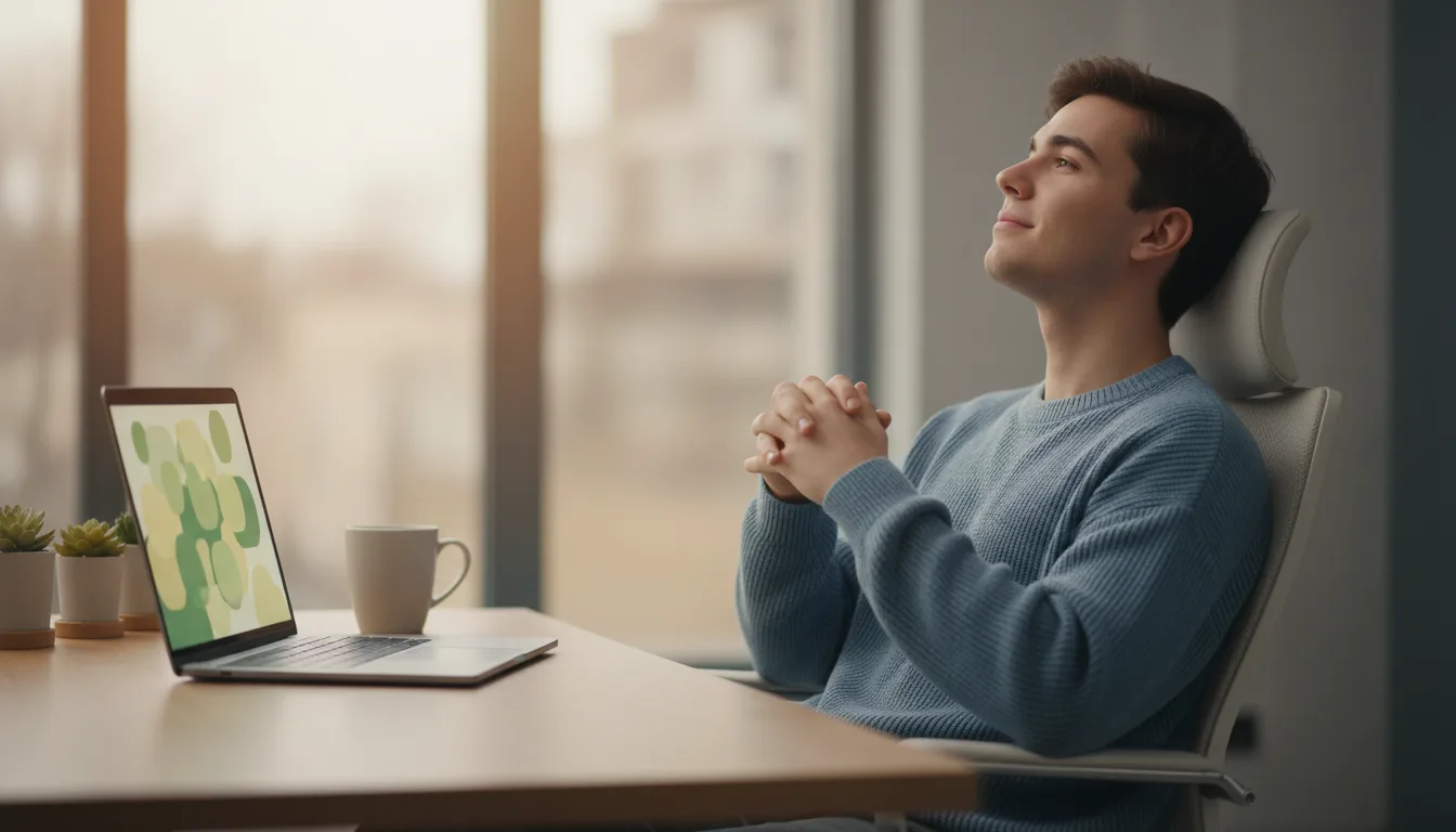 Relieved student leaning back after improving a document review outcome.