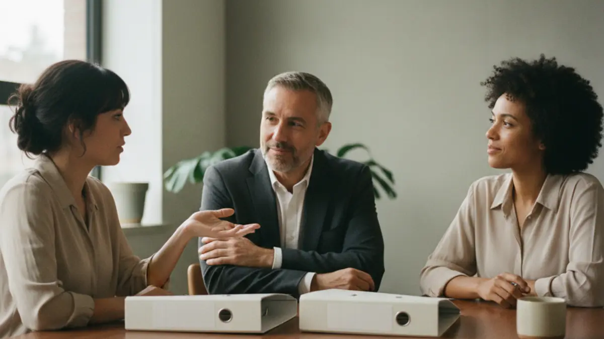 Three colleagues calmly discuss next steps around a meeting table with closed plain binders, representing comparison outcomes and risk alignment.
