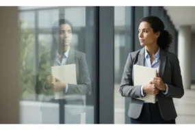 A thoughtful professional stands in a modern workspace holding a plain closed notebook, conveying careful evaluation of AI reliability.
