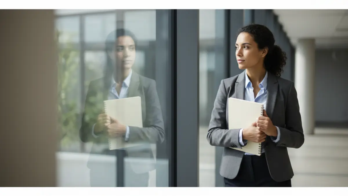 A thoughtful professional stands in a modern workspace holding a plain closed notebook, conveying careful evaluation of AI reliability.