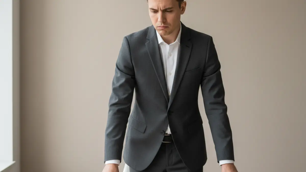 A professional pauses at a plain desk with two closed unmarked folders, representing early problem framing for an undetectable AI review.