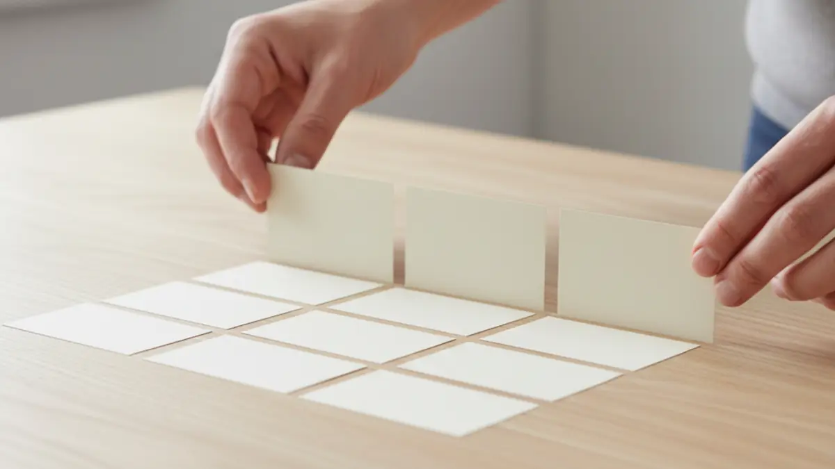 Close-up of hands arranging blank neutral cards in sequence on a desk, illustrating a repeatable testing process for AI detection checks.
