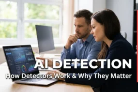 What is AI detection featured image showing a person analyzing AI-generated content warnings on a laptop screen