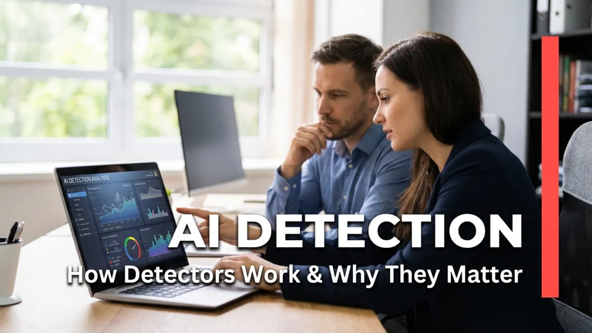 What is AI detection featured image showing a person analyzing AI-generated content warnings on a laptop screen