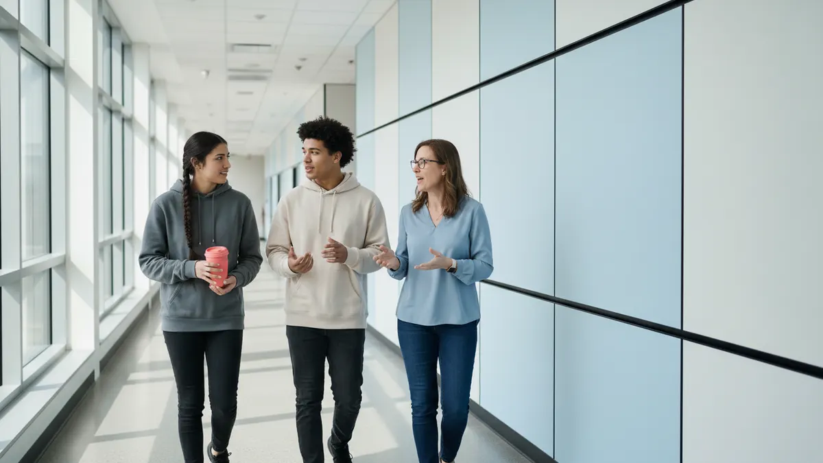 Students and an instructor walking through a bright university corridor while talking about GPTZero in an academic setting.