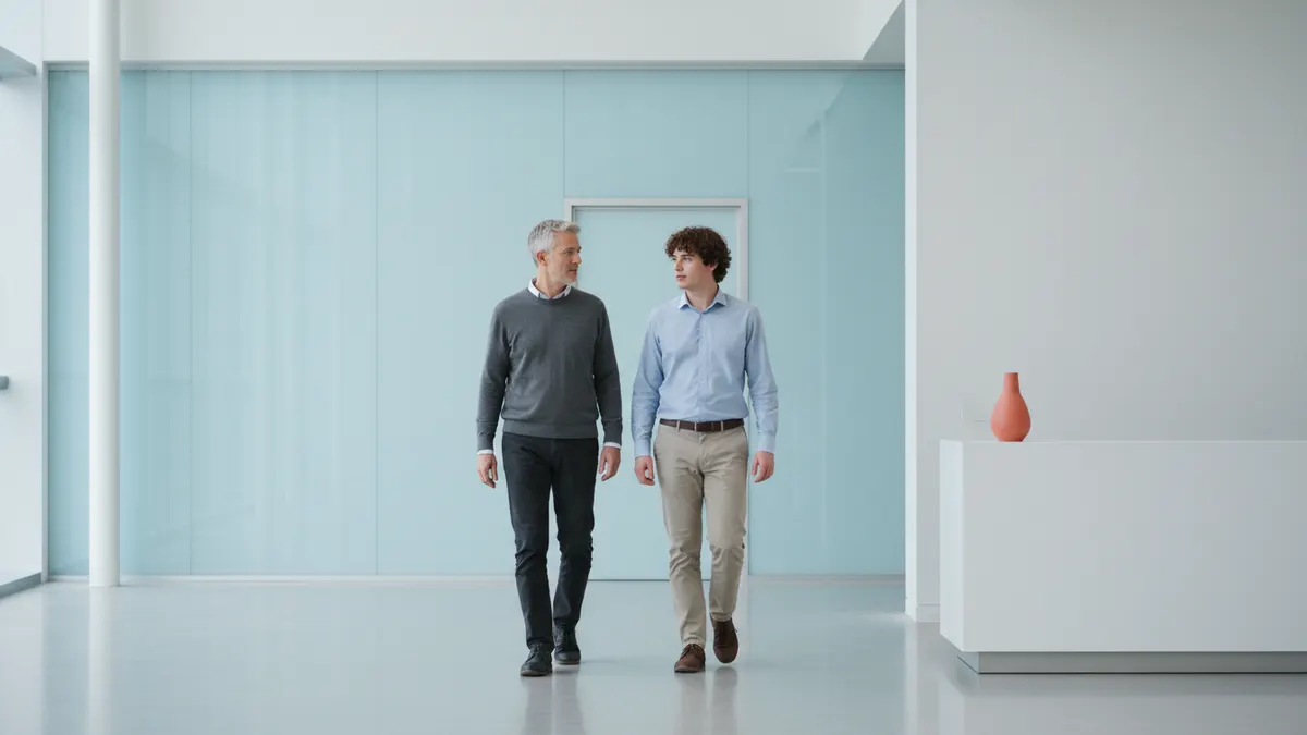 Educator and student walking through a calm pale blue campus space while discussing GPTZero and AI writing review.