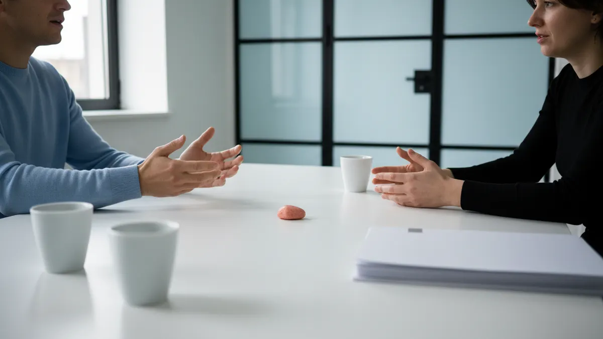 Two reviewers discussing a GPTZero writing check process at a clean table with blank materials.