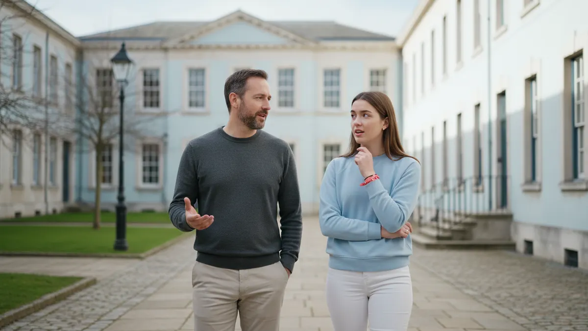 Instructor and student walking through a university courtyard while discussing Winston AI Detector review context.