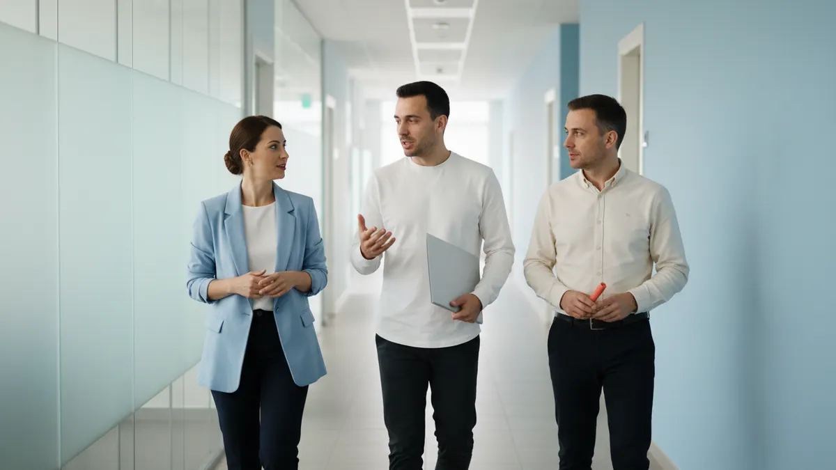 Publishing review team walking through a bright office corridor discussing Winston AI Detector validation workflow.