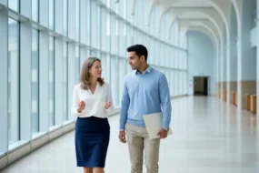 Student and advisor discuss a winston ai detector review in a campus atrium