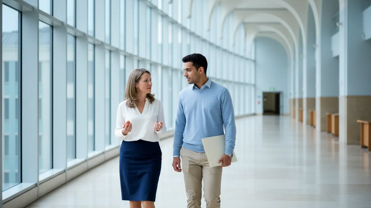 Student and advisor discuss a winston ai detector review in a campus atrium