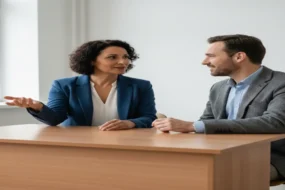 Two educators in a plain classroom discussing Winston AI detector decision-making in a professional review meeting for a 2026 teacher-focused workflow.