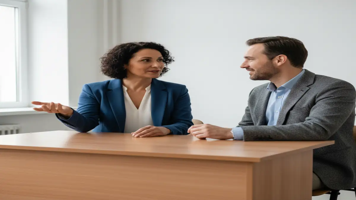 Two educators in a plain classroom discussing Winston AI detector decision-making in a professional review meeting for a 2026 teacher-focused workflow.
