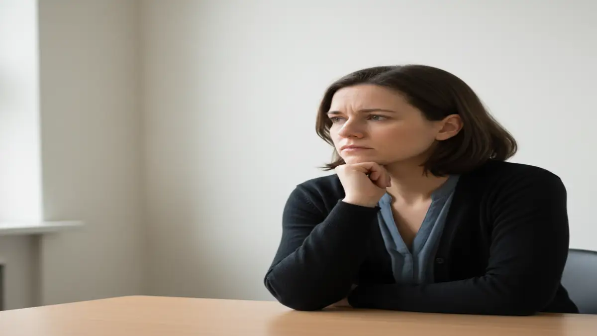 Teacher in a minimalist school office reflecting on AI detector false-positive risk during a Winston AI review process.