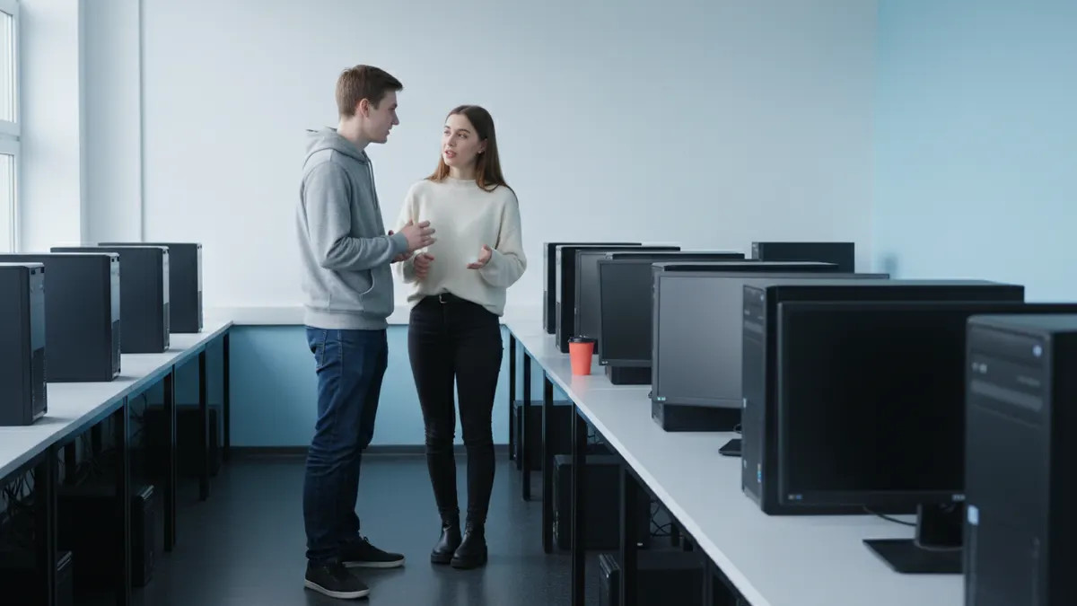 Students discussing a zerogpt review verification workflow beside blank monitors in a realistic campus lab