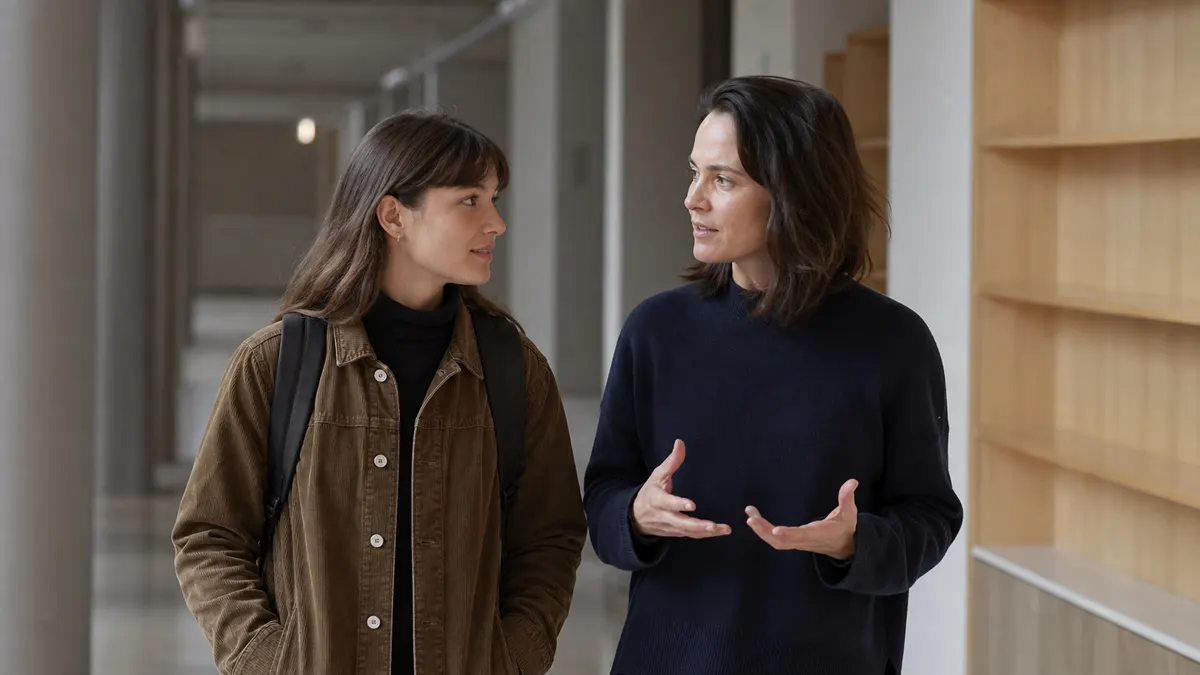 Student and writing advisor discuss AI detection results through human judgment while walking in a quiet campus hallway.