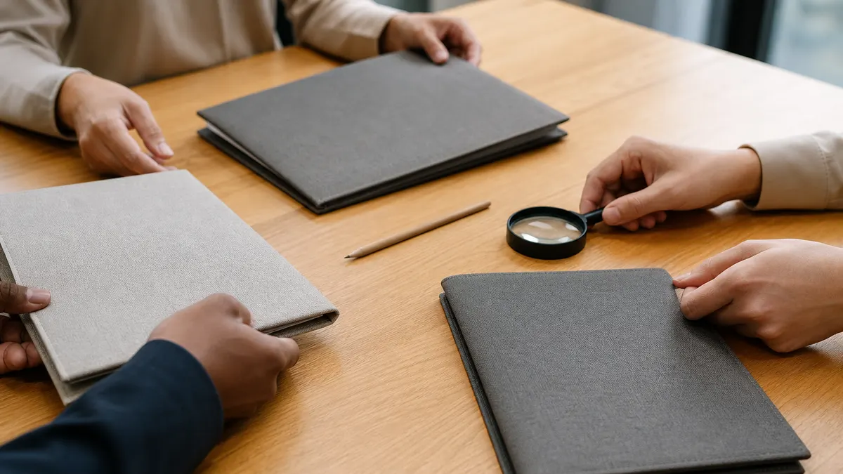 Hands arrange closed unmarked folders and a magnifying glass to represent a private AI detection review process.