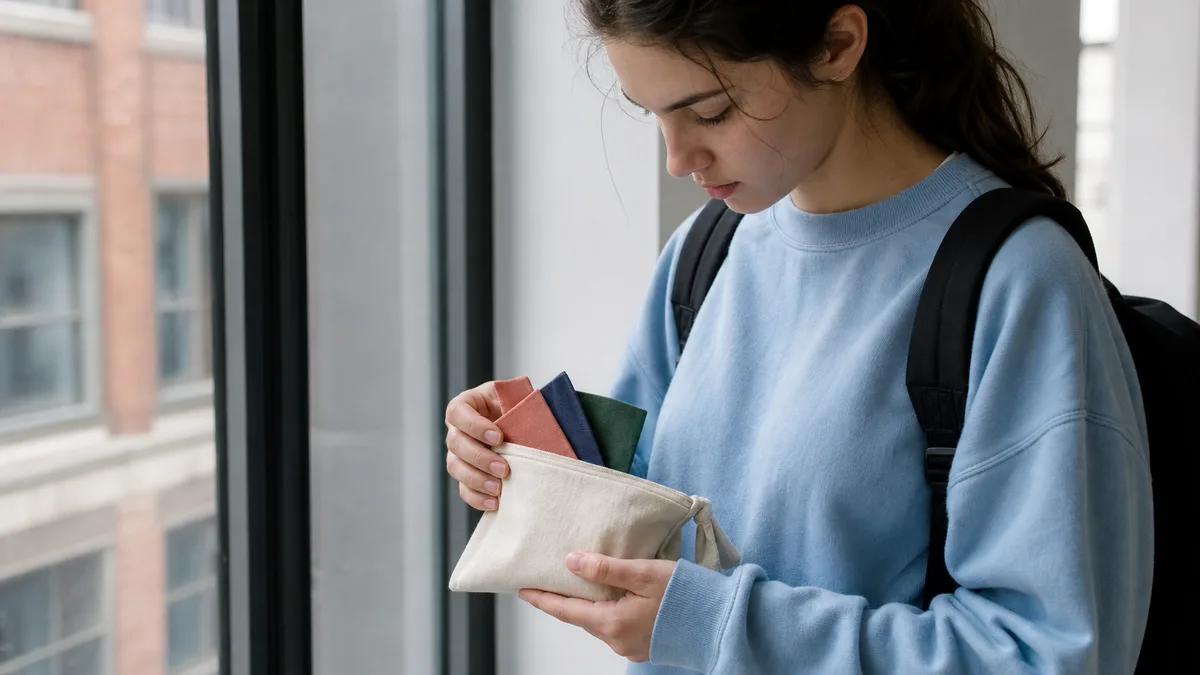 Student sorts fabric tabs while considering an ai text detector beside a campus window