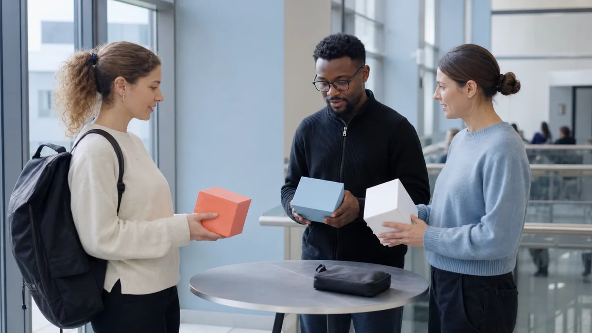 Campus group compares color blocks while discussing an ai text detector in a hallway lounge