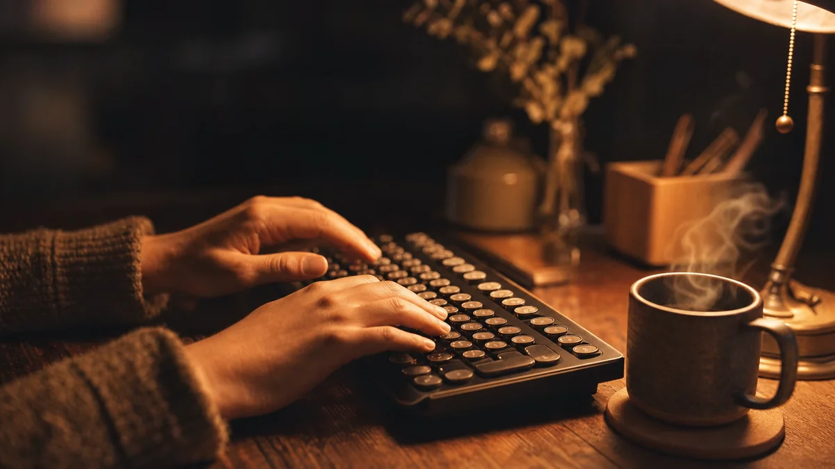 Hands typing at a desk while editing AI text into a warmer human style.