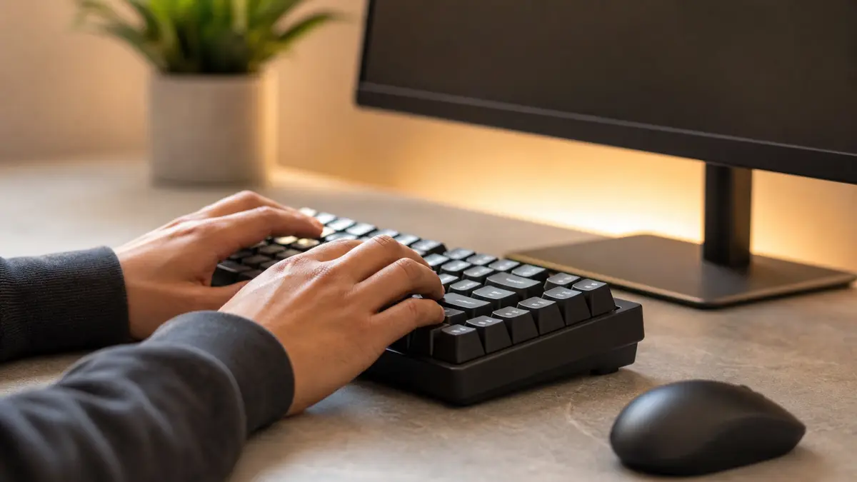 Hands typing on mechanical keyboard while testing AI humanizer tools on a computer