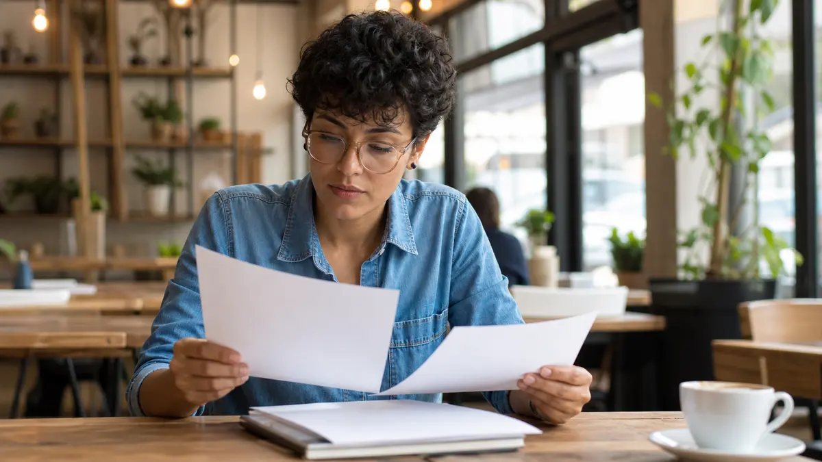 Person reviewing printed AI humanizer tool comparison results in a café