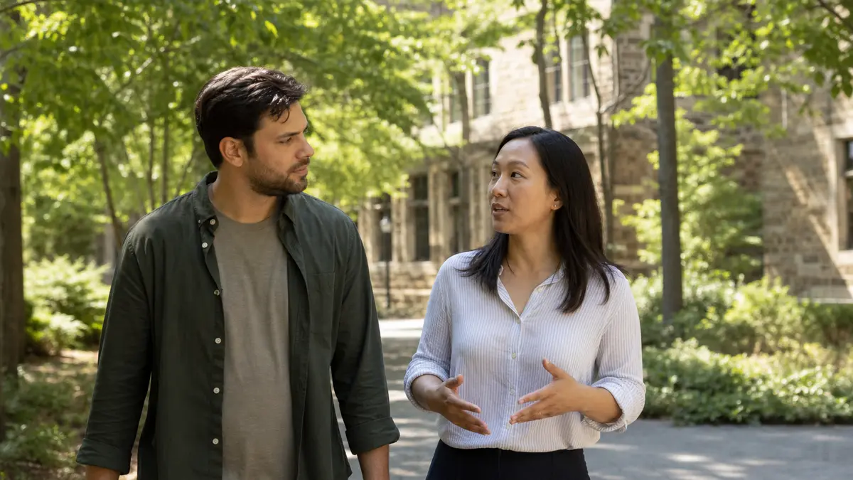 Two campus advisors discussing next steps after a Copyleaks AI Detector score.