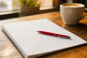 Red pen on blank pages beside coffee for a Copyleaks AI Detector score review.