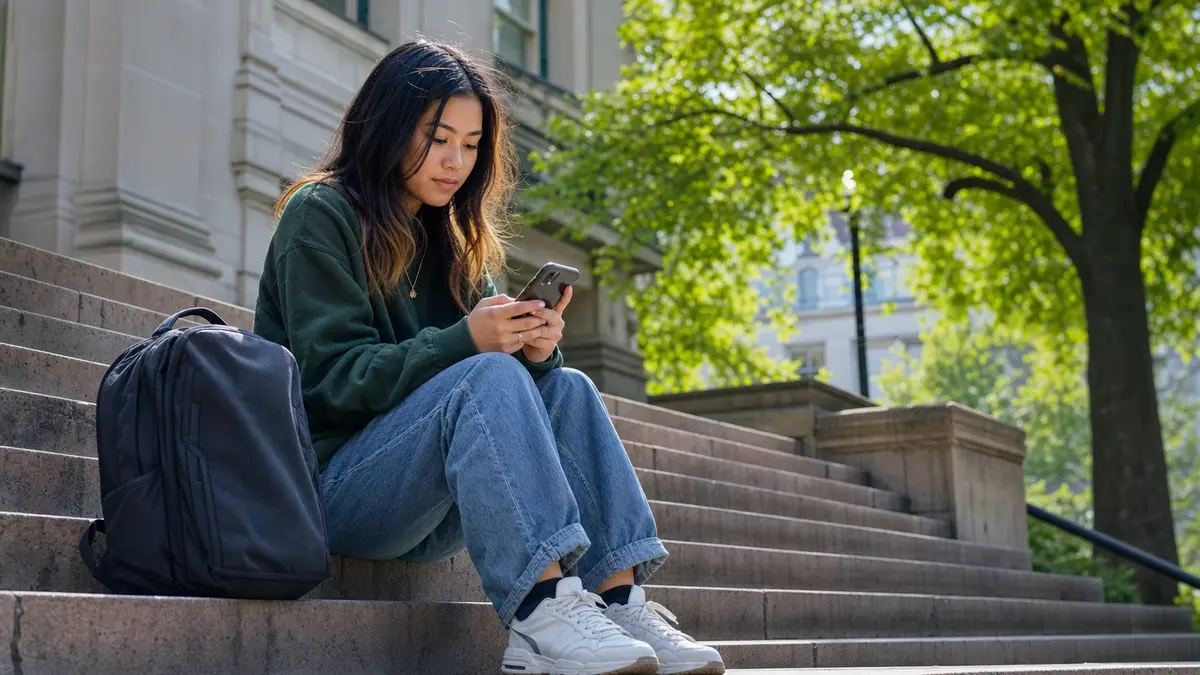 Student checking a phone on campus before cross-checking a Copyleaks AI Detector result.