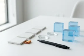Text-free editorial desk scene with lenses and unmarked objects for testing whether AI humanizers work.