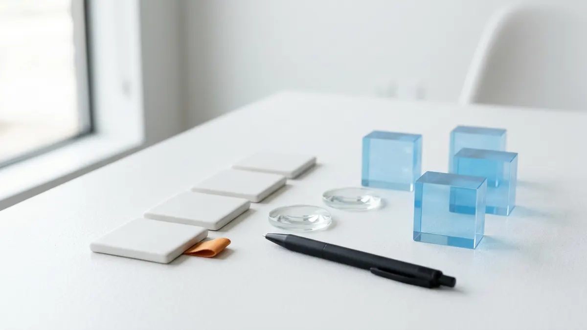 Text-free editorial desk scene with lenses and unmarked objects for testing whether AI humanizers work.