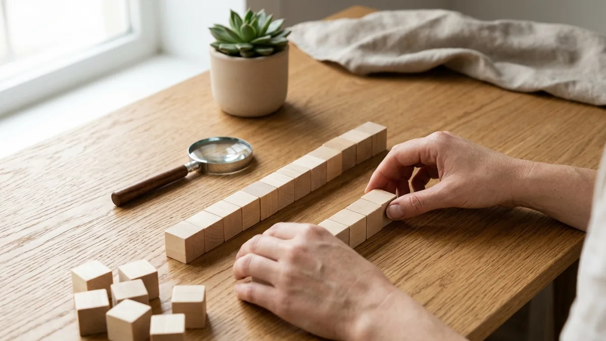 Hands arrange blank blocks to evaluate does Google penalize AI content in a careful review scene
