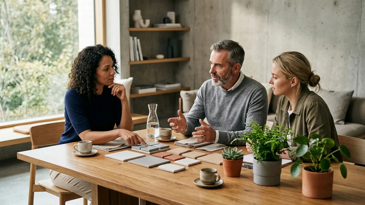 Editorial team discusses does Google penalize AI content using text-free planning tiles in a bright workspace