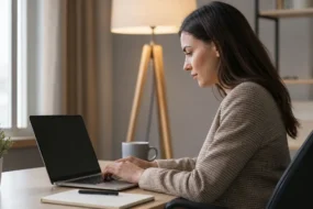 Person working at laptop reviewing AI checker scores for best AI humanizer tools