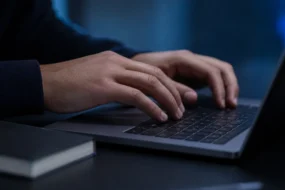 Hands resting on a laptop keyboard in blue ambient light for a GPTZero review 2026 AI text analysis