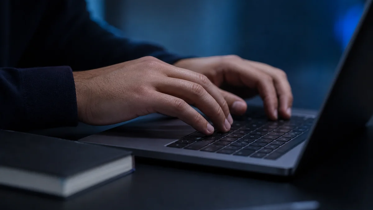 Hands resting on a laptop keyboard in blue ambient light for a GPTZero review 2026 AI text analysis