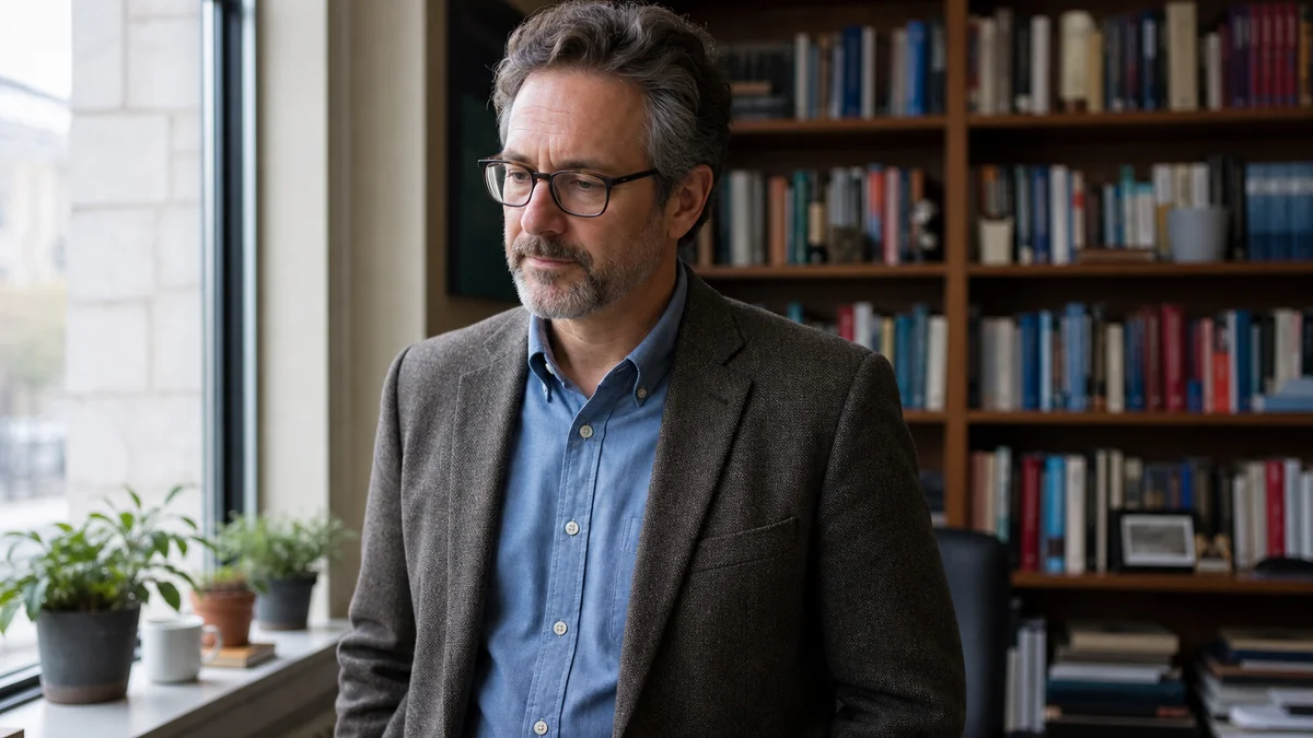 Professor in book-lined office evaluating a GPTZero review 2026 AI detection scan result in natural daylight