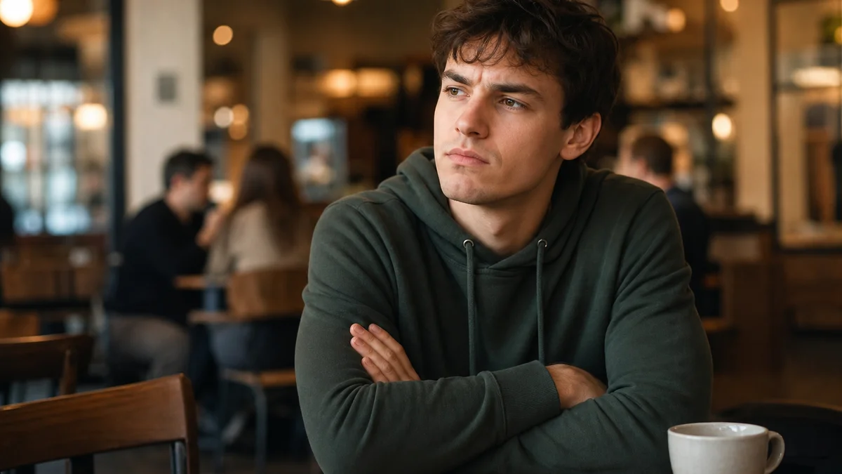 Student with arms crossed at coffee shop table frustrated by a GPTZero review 2026 false flag AI detection
