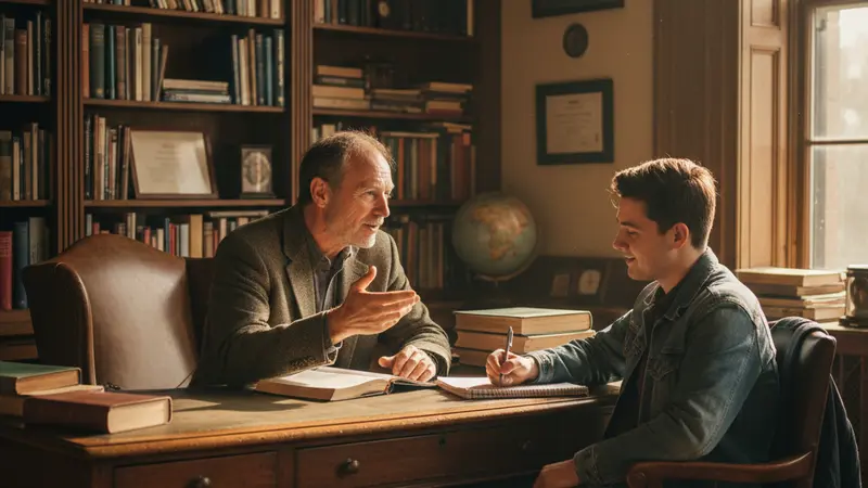 Professor talking with student in warm academic office about AI detection accuracy concerns