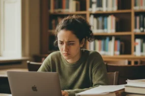 University student at library desk looking concerned at laptop while testing AI detection accuracy