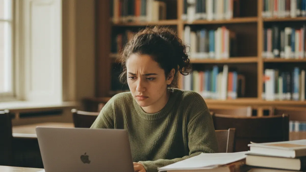 University student at library desk looking concerned at laptop while testing AI detection accuracy
