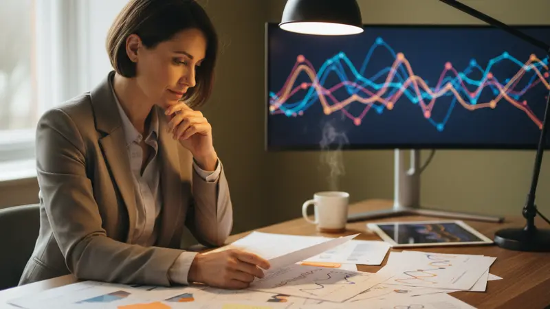 Researcher reviewing documents at desk with data on screen during AI detector accuracy testing
