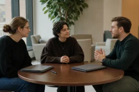 Adult writer discusses AI detection review with two specialists in a modern writing support lounge with closed unmarked folders.
