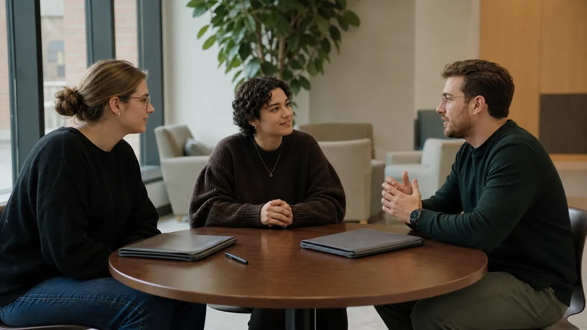 Adult writer discusses AI detection review with two specialists in a modern writing support lounge with closed unmarked folders.