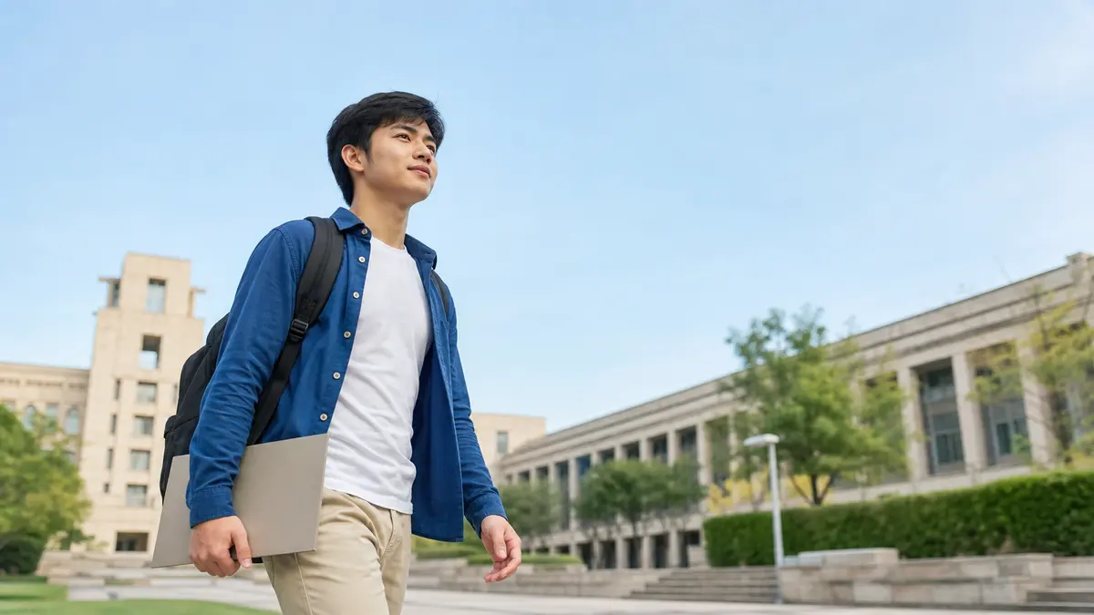 Student crossing a campus courtyard with a plain folder before checking a Turnitin AI score.