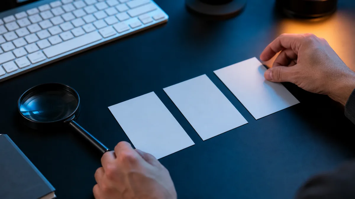 Hands sort blank comparison cards beside a glass loupe during a Humbot review of checker results.
