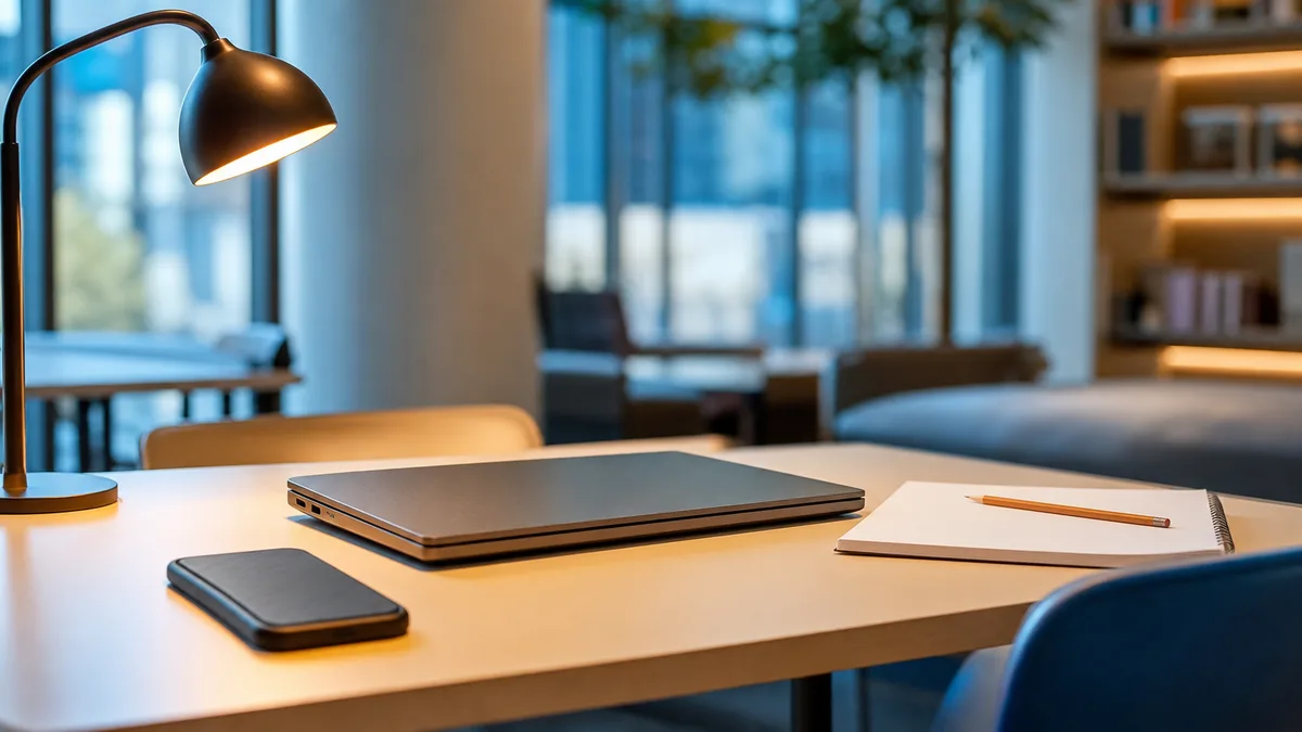 Quiet study desk with closed laptop and notebook for a Humbot AI writing tool review.