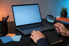 Desk setup with blank laptop, glass loupe, and blue accents for a Humbot review.