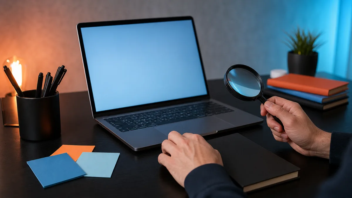 Desk setup with blank laptop, glass loupe, and blue accents for a Humbot review.